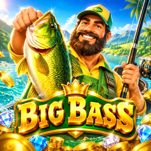 Card do slot de pesca Big Bass Bonanza, com o pescador e os peixes-dinheiro