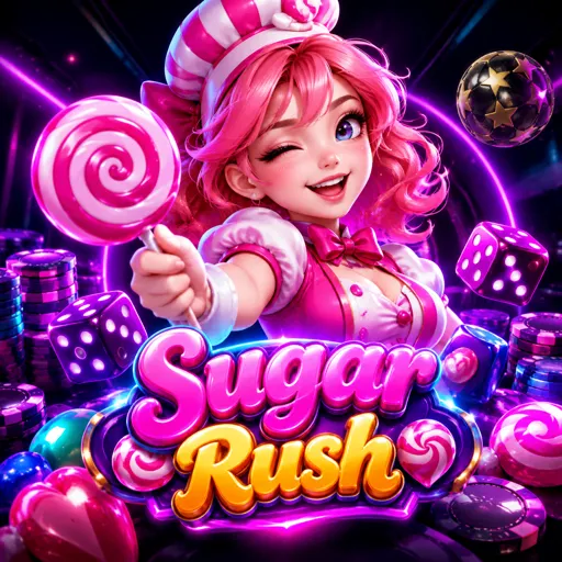 Card do slot colorido Sugar Rush, com grade 7×7 de doces