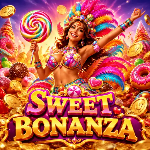 Card do slot Sweet Bonanza, com doces e bombas multiplicadoras na grade